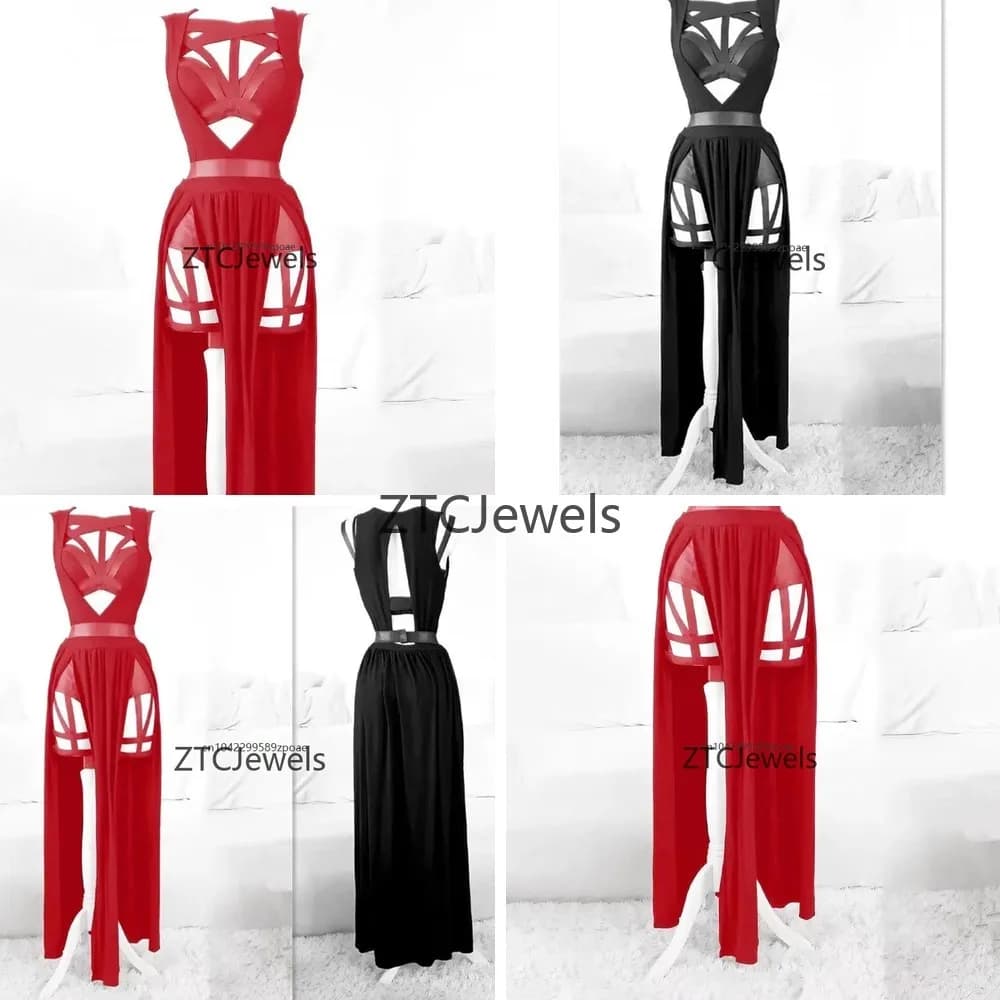 Set Costume Cosplay Gotico Rosso con Bandage e Dettagli Traforati, Lingerie da Donna per Feste con Imbottiture sul Petto