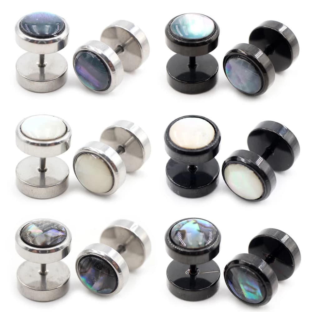 Alisouy 2 pieces Stainless steel round shell Man Woman Girl Boys Balance Manubri Button Earrings Tragus Helix