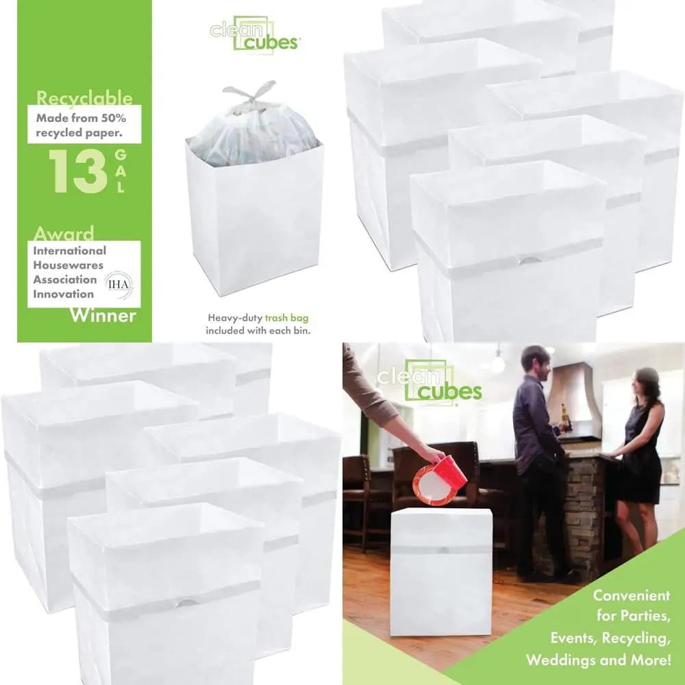 Confezione da 6 bidoni della spazzatura pieghevoli da 13 galloni con rivestimenti - Contenitori portatili per il riciclaggio ed eventi (Bianco, 17x13,5x10)