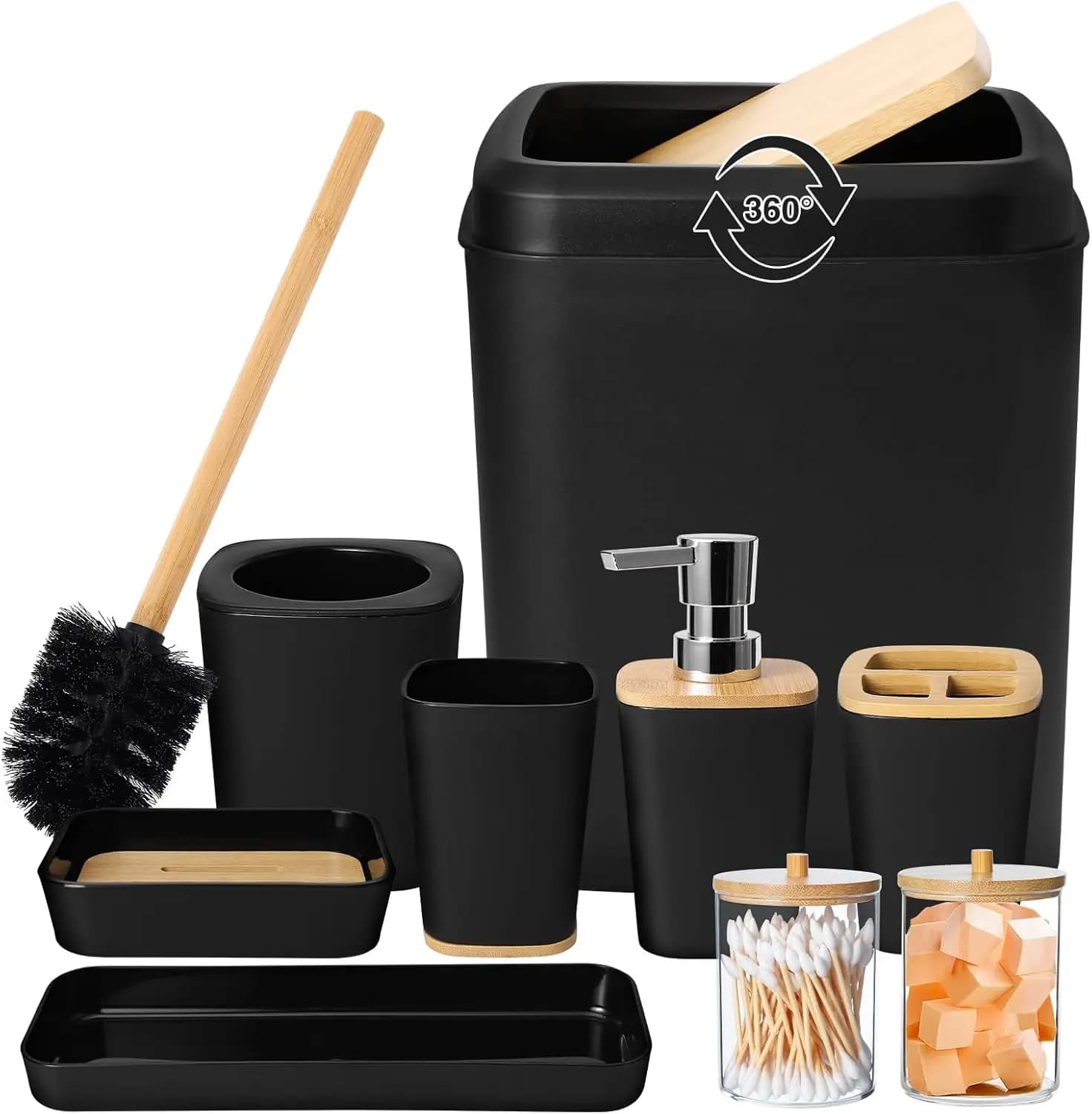 Set di 9 Accessori da Bagno Neri con Cestino, Portaspazzolino, Dispenser, Vassoio e Altro