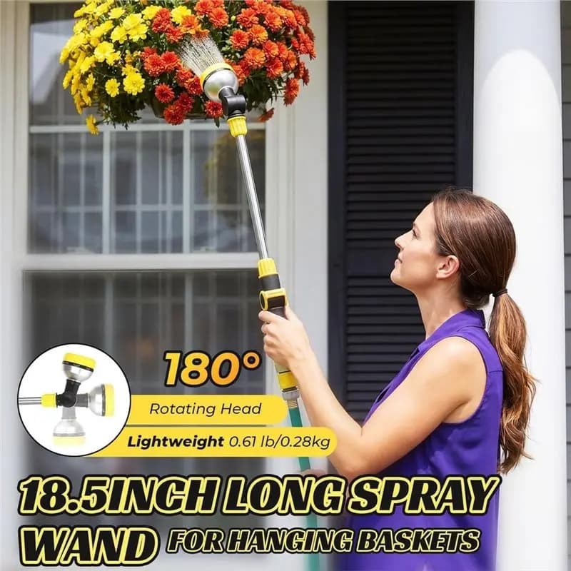 Watering Wand 18.5" For Garden Hose, Thumb Flow Control, 8 Spray Patterns, 180° Swivel Head, Lightweight Design