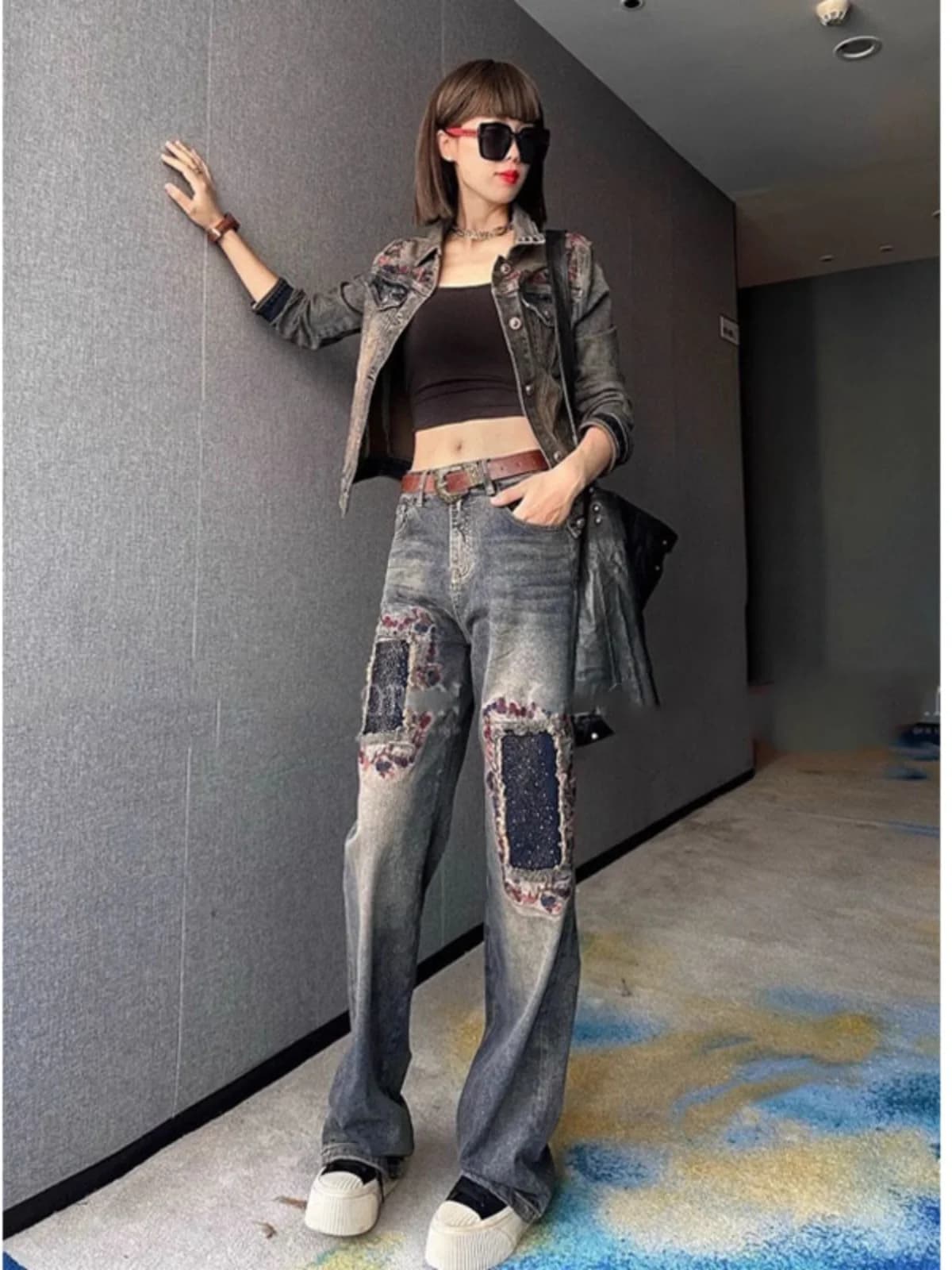 Women's Denim Jeans Heavy Embroidery Distressed Drill Fashionable Wide Leg Pants Trendy High Waist Cotton Stretch Denim