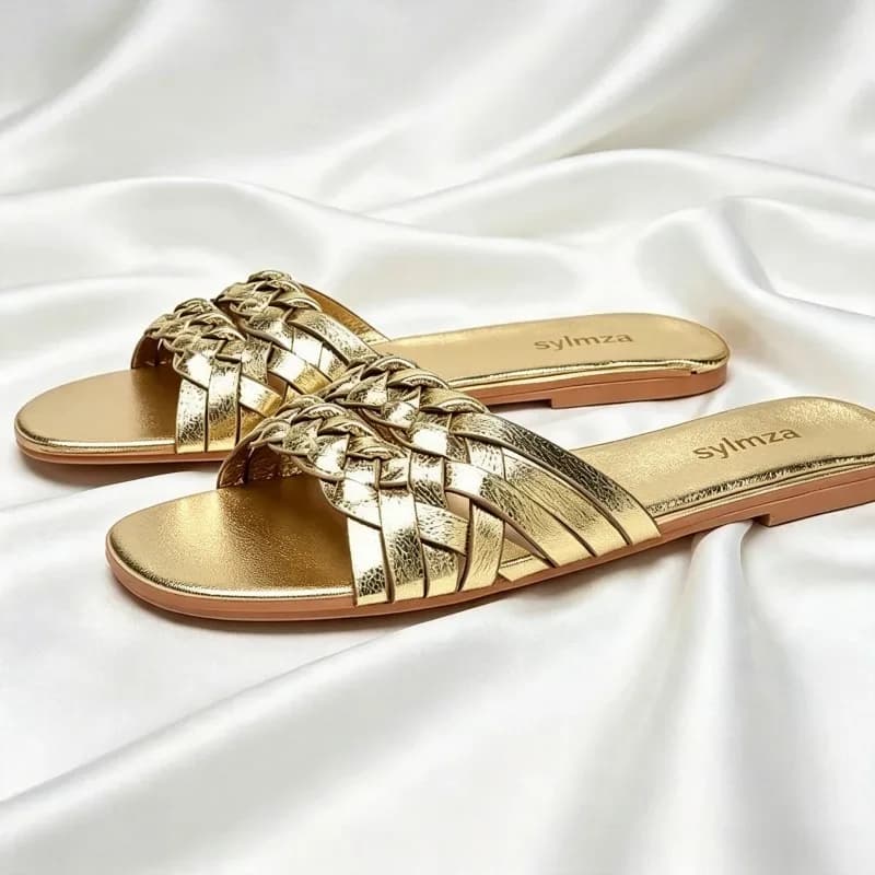 Sexy Gold Woven Flat Sandals for Women Fashion Round-Toe Open-Toe Designer Shoes Summer Holiday Beach Sandals Zapatos De Mujer