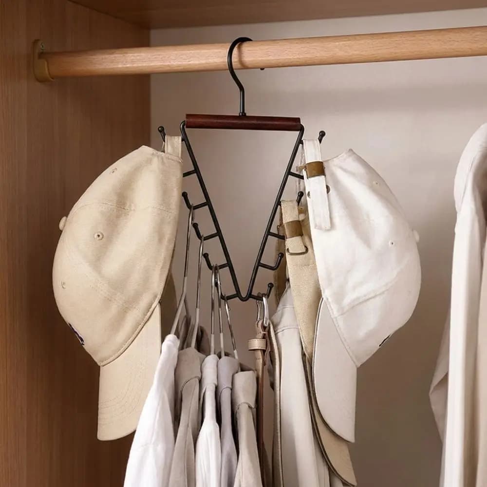 12 Hooks Clothes Storage Hangers’ Wood Handle 360° Rotating Metal V-Shape Hook Vertical Anti-Slip Hat Tie Scarf Rack