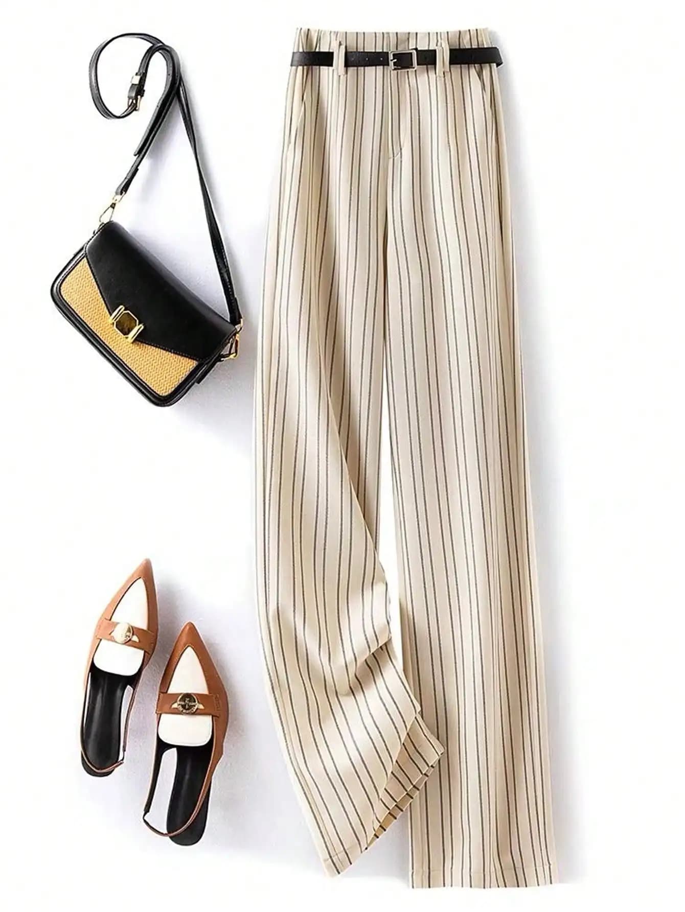 Women's Waist Pants in Righe Elegant from Office to Gamba Dritta Casual in Gamba Larga (with Belt) - Streetwear Woman