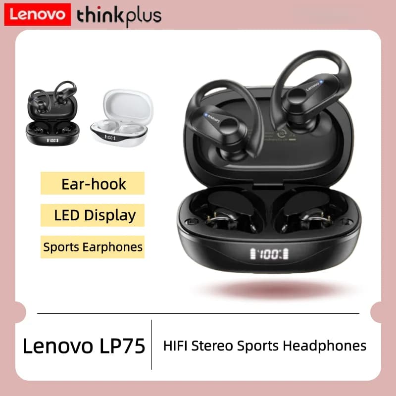 Auricolari wireless Bluetooth sportivi originali Lenovo LP75 con microfono, controllo tramite pulsanti, display LED per la carica, auricolari stereo Hi-Fi con gancio per l'orecchio