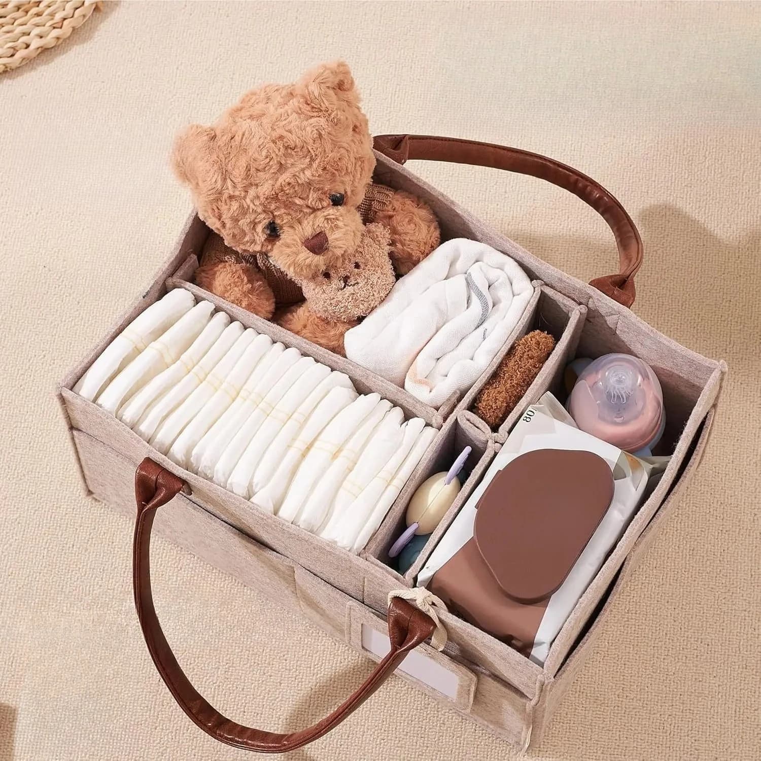 Felt nursery storage carrier, multi-pocket baby diaper bag, portable caddy for changing nappies and daily baby items