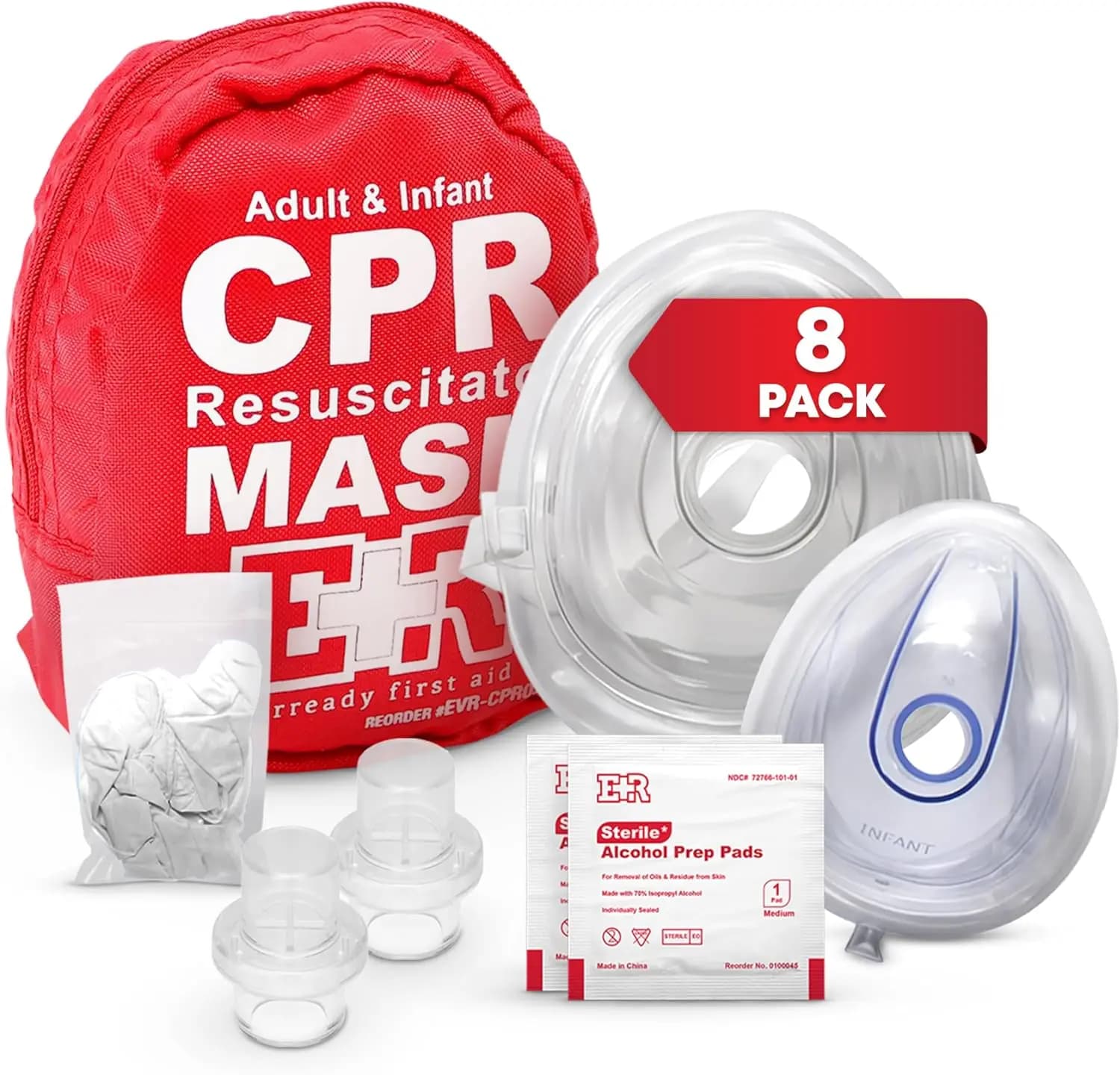 Kit di Maschere per RCP 8 Pezzi con Maschere per Adulti e Neonati, Valvole, Guanti, Salviette Imbevute di Alcool per Primo Soccorso d'Emergenza