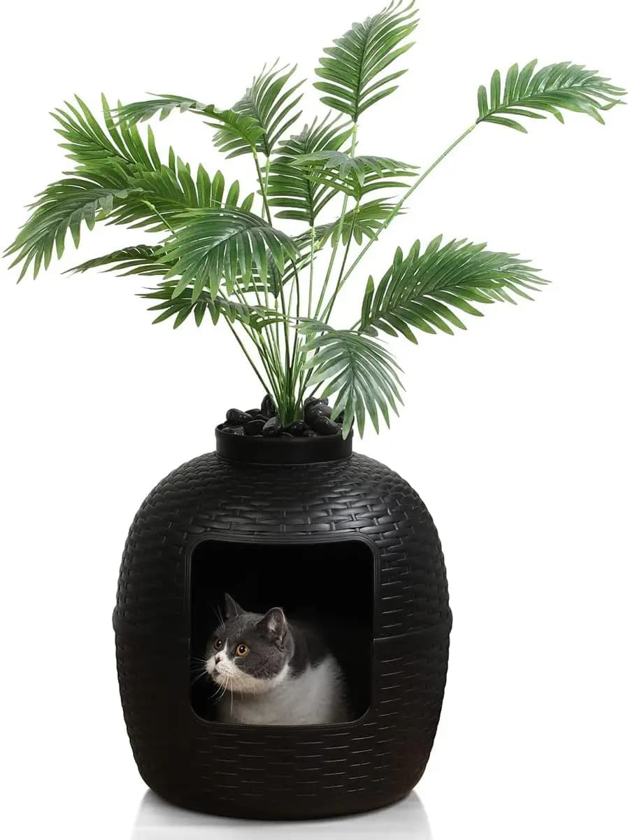 X WINDAZE Lettiera Nascosta, Grande Box per Gatti con Filtro al Carbone per il Controllo degli Odori e Pianta Artificiale, Nero