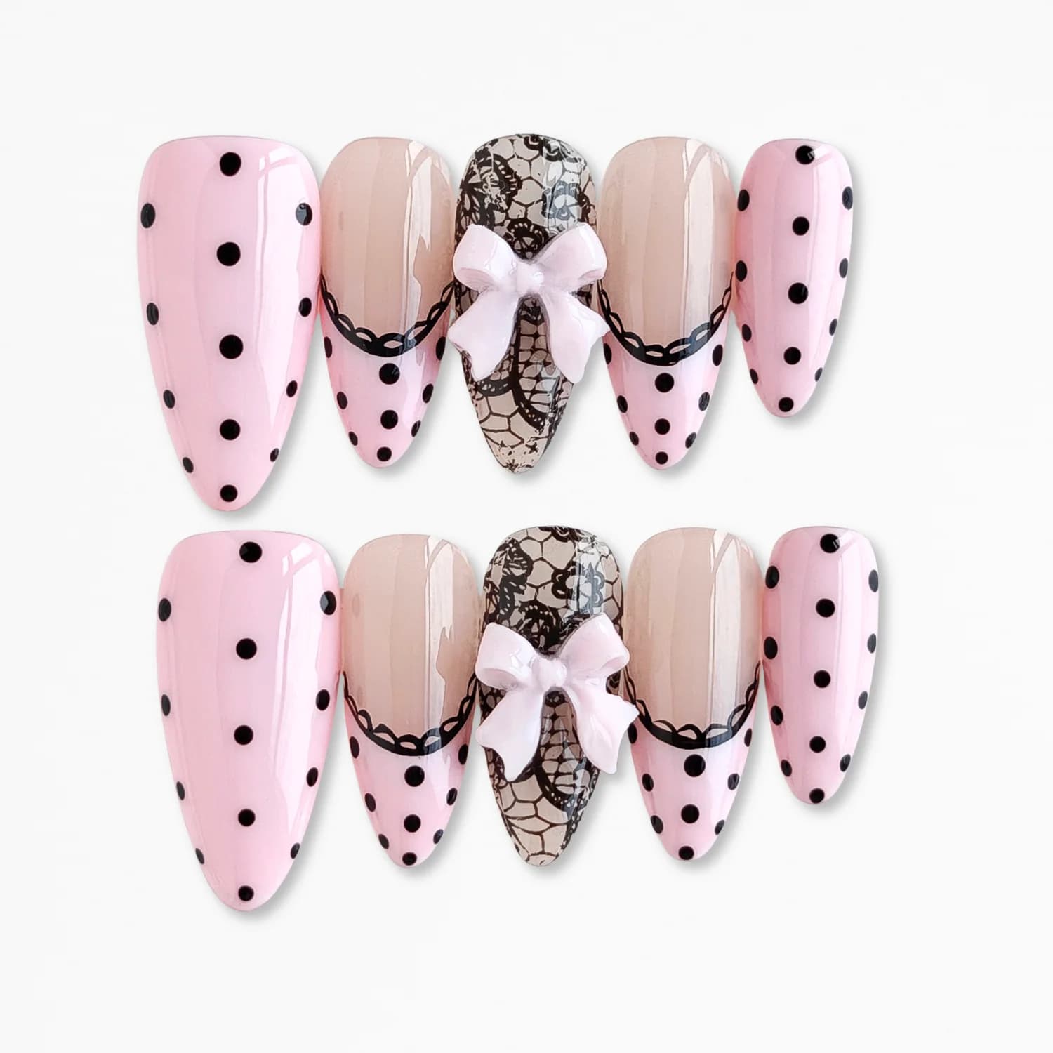 10 pezzi di unghie finte fatte a mano, rosa con pois, a mandorla, con fiocco, design alla moda, indossabili, riutilizzabili, copertura completa.