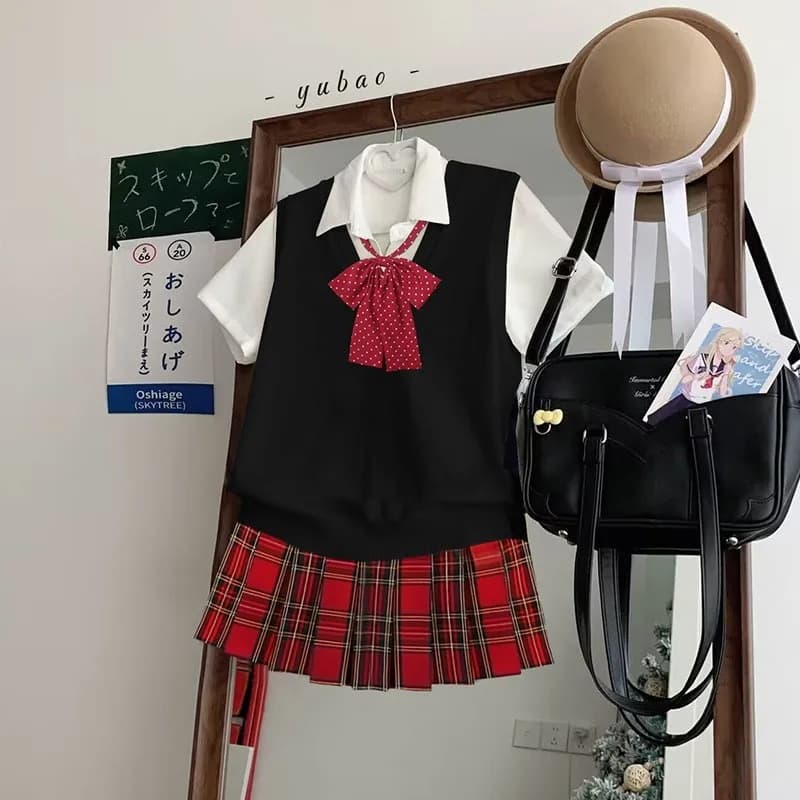 Original Pepper JK Uniform Skirt Plaid Skirt College Style Suit Stacked Women in Black Vest