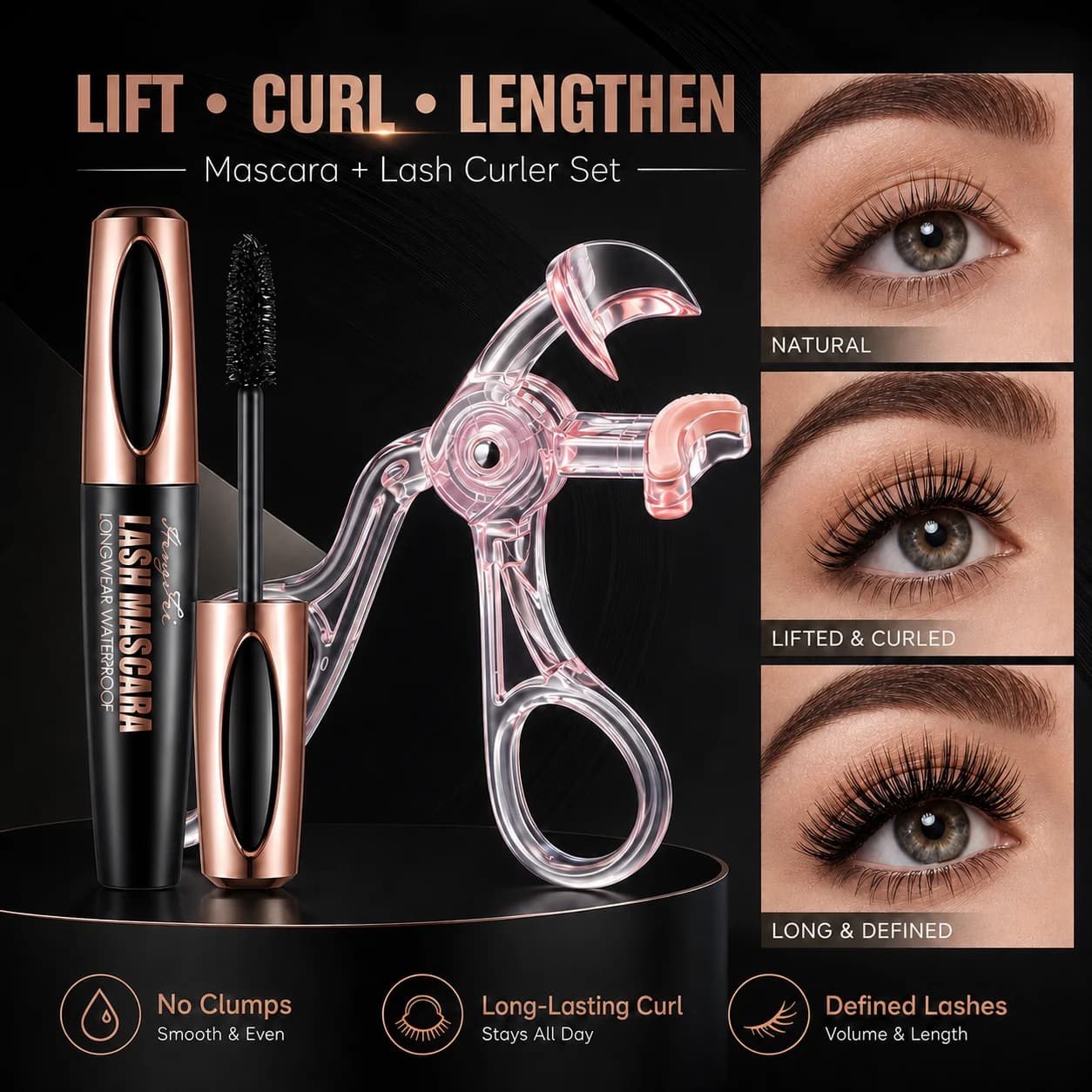 2pcs Waterproof Mascara & Eyelash Curler Set Long Lasting Lash Lifting Curling Volumizing Eye Makeup Kit