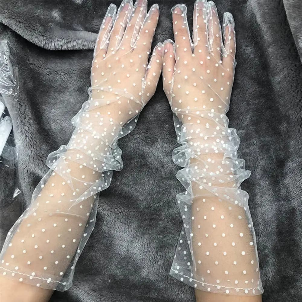 Guanti in tulle ultra sottili lunghi estivi elasticizzati in pizzo a dita intere, guanti in rete protettivi solari per donna e ragazza, ideali per matrimoni
