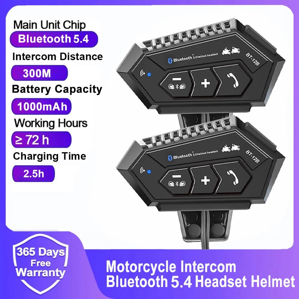 BT-12B Bluetooth 5.4 Motorcycle Earphone Helmet Wireless call Phone Kit Waterproof Intercom Music player MP3 Speaker