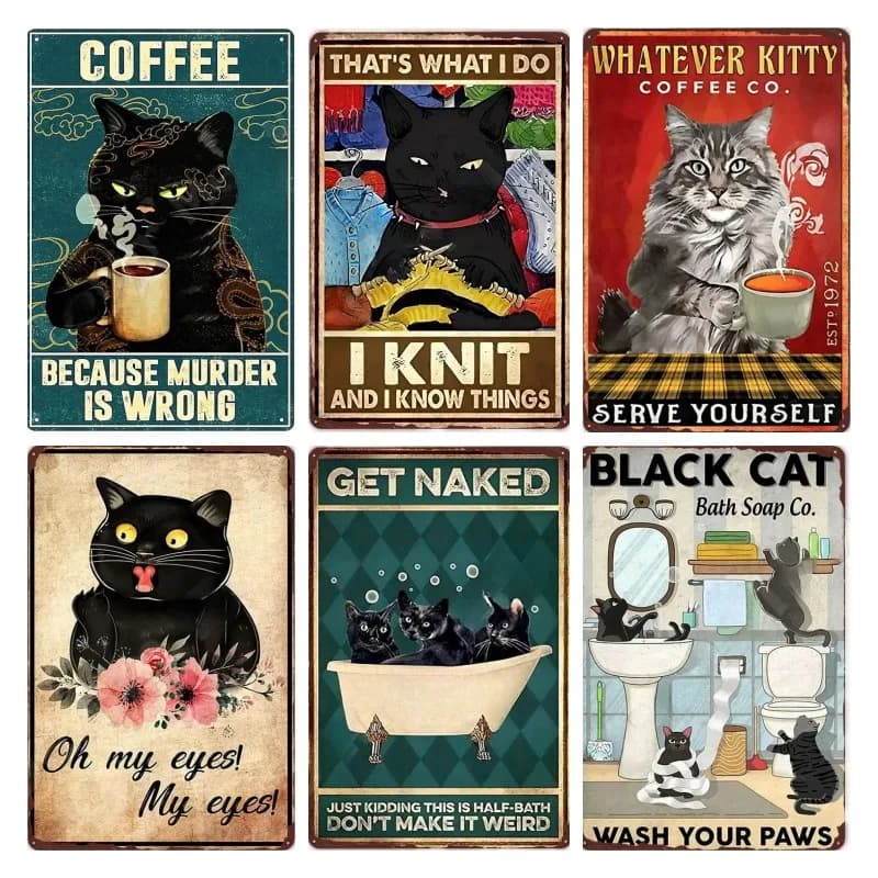 Vintage Funny Bathroom Decor Black Cat Metal Sign Bar Cafe Wall Art Decor Oh My Eyes Toilet Tin Sign cucito Cat