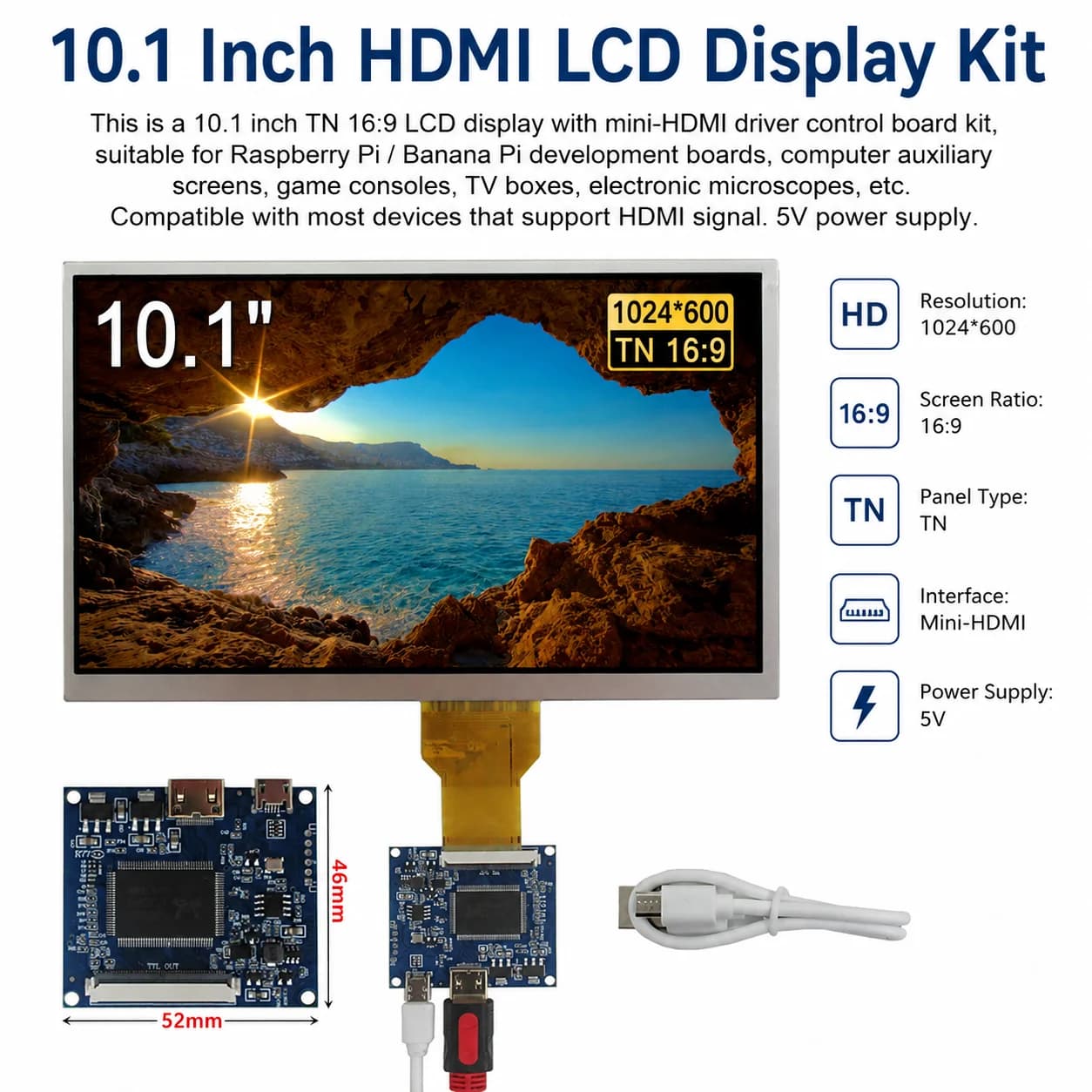 Schermo LCD da 10.1 pollici 1024*600, monitor portatile con scheda di controllo, compatibile Mini HDMI per Banana, Raspberry Pi 2 3 PC