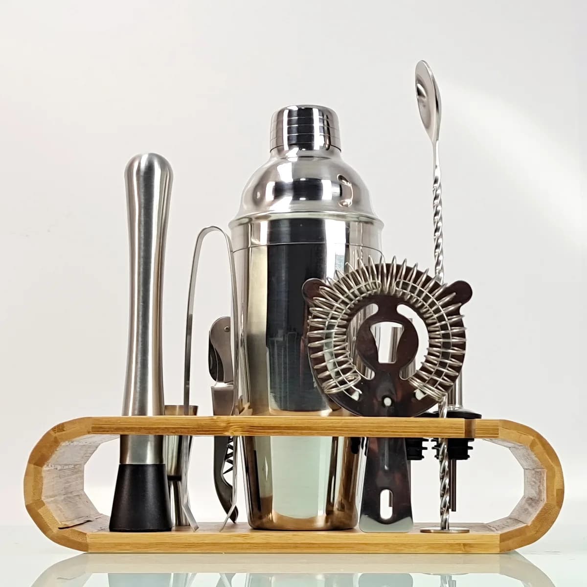 In acciaio inossidabile Cocktail Shaker Mixer Drink barista Browser Kit bar Set strumenti con Rack in legno Stand accessori per feste di casa