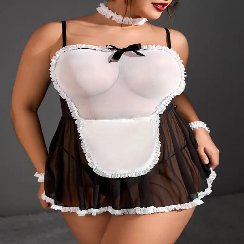 Plus Size donna grembiule francese vestito da cameriera Cosplay Sexy Lingerie Costume servo vestito uniforme vedere attraverso il gioco di ruolo erotico esotico