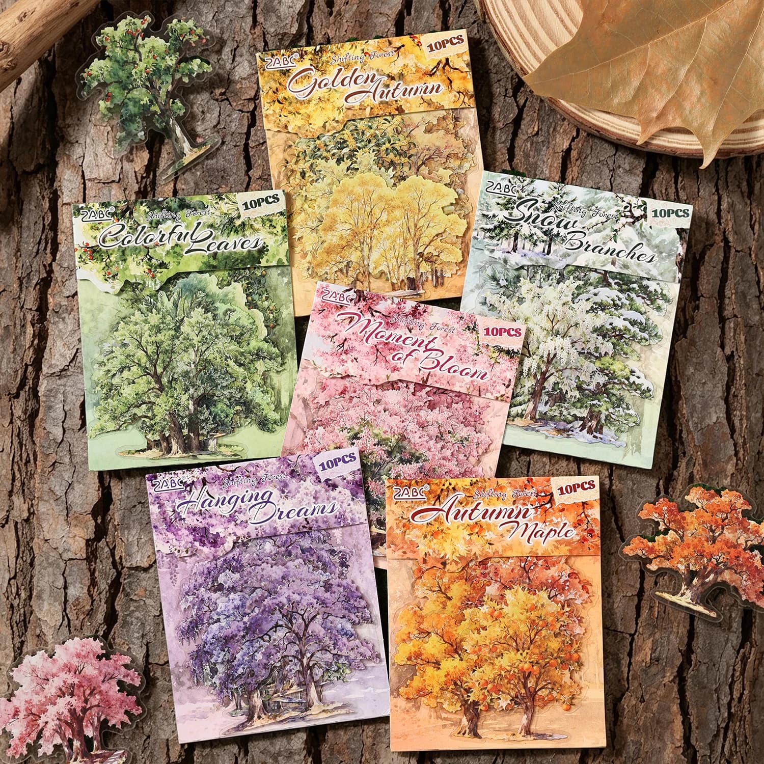 10Pcs Four Seasons Tree PET Stickers, Watercolor Cherry Maple Snow Tree Transparent Stickers for Journal Collage