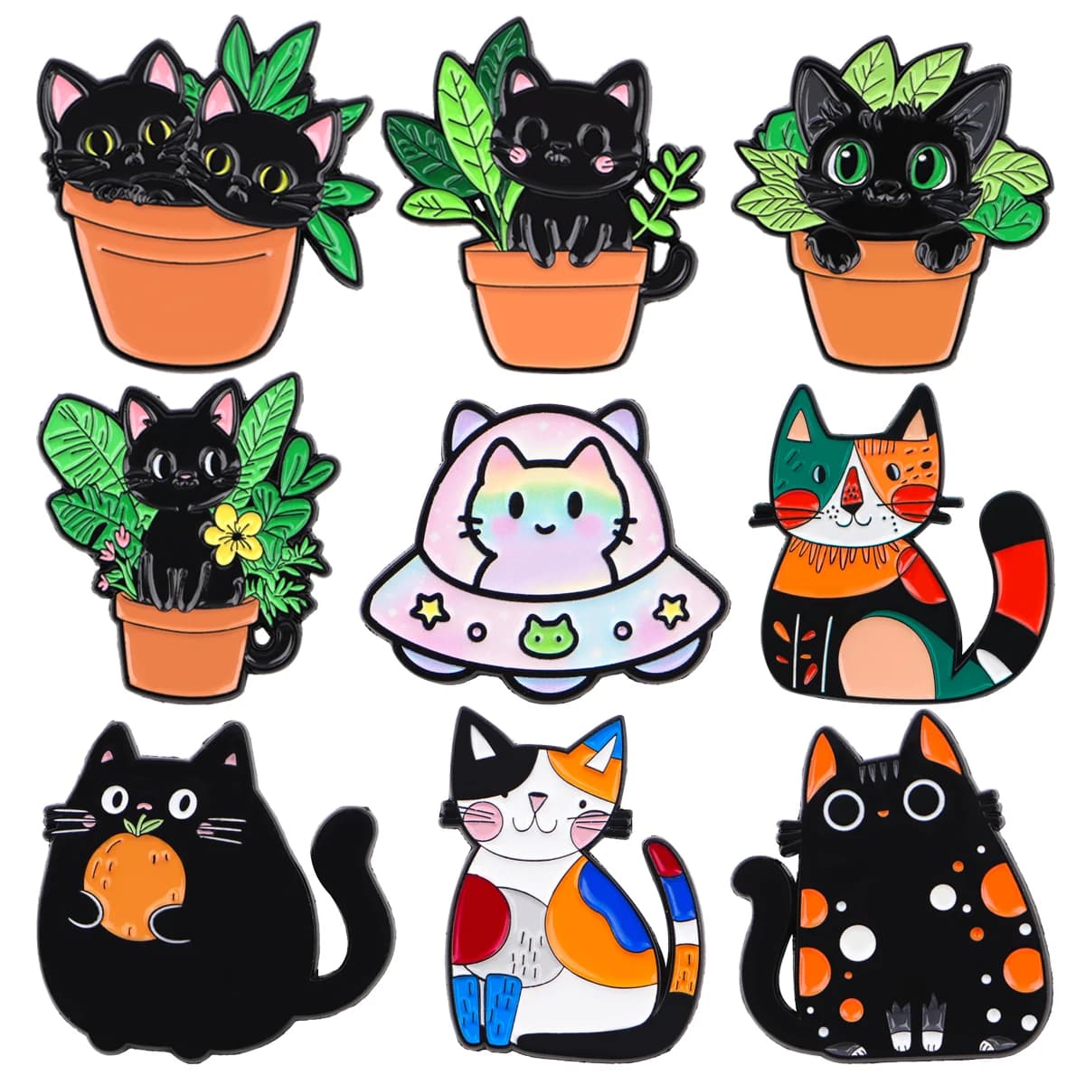 Serie di gatti Perni smaltati Spilla in metallo per cartoni animati Zaino Collare Risvolto Distintivi di piante in vaso Uomo Donna Collezione di gioielli di moda Regalo