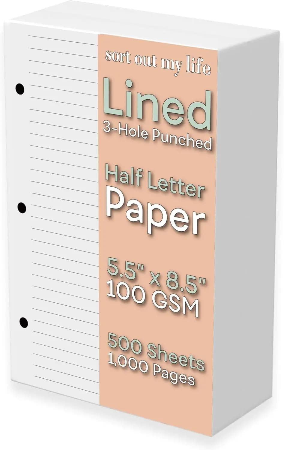 Carta a righe a mezza lettera, perforata a 3 fori, 500 fogli, 100 GSM, per raccoglitori a 3 anelli, 5,5" x 8,5"
