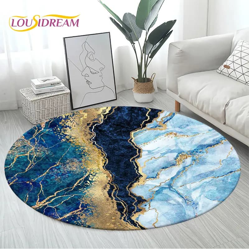 Colour Nordic Green Gold White Marble Round Area Rug,Circle Carpet Rug for Living Room Bedroom Sofa Decor, Floor Mat Kitchen Mat