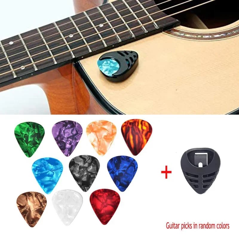Set di 10 plettri per chitarra e supporto per plettri per chitarra acustica, chitarra elettrica, basso, ukulele, supporto adesivo (colore casuale)