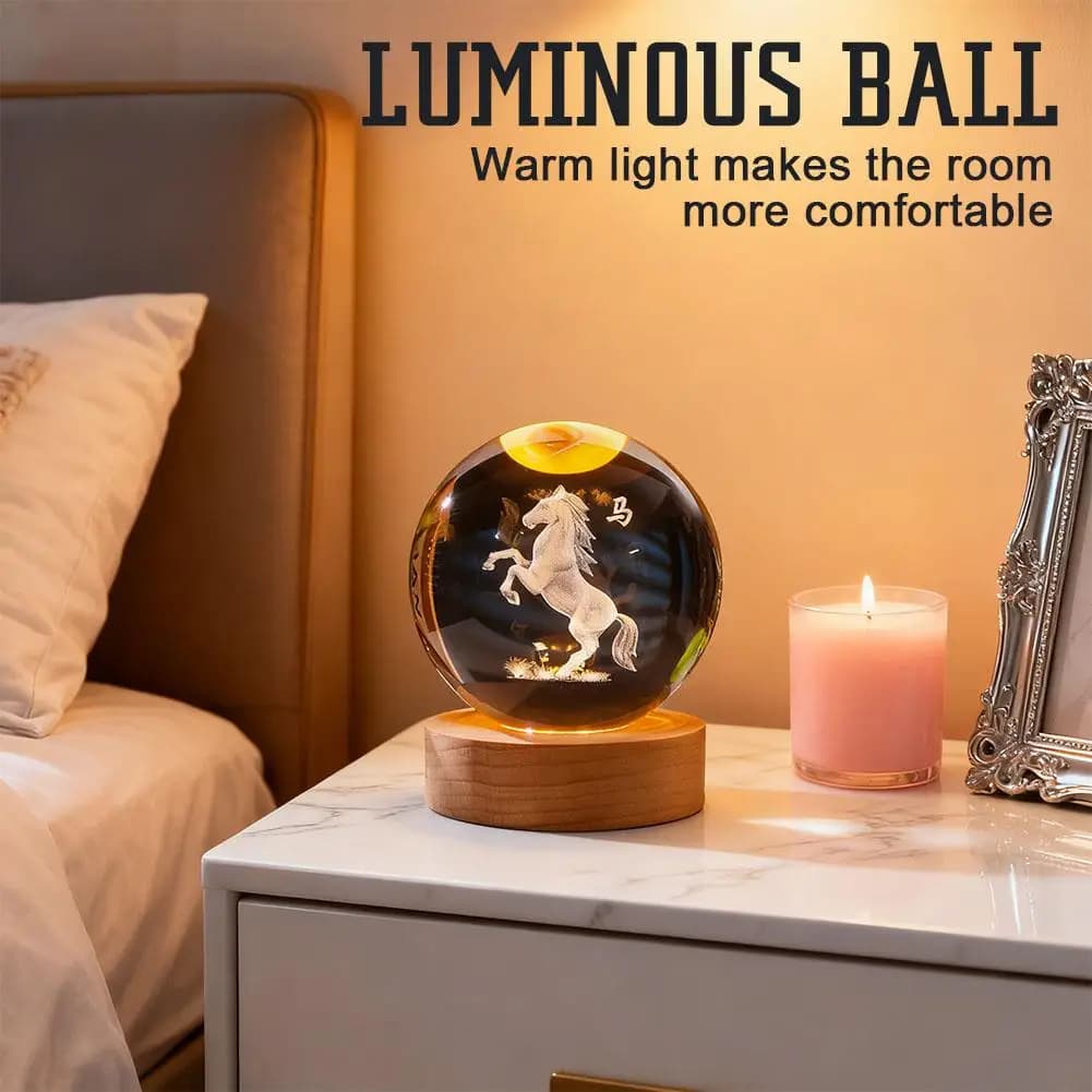 Sfera di Cristallo Zodiacale Luminosa con Incisione Laser 3D 6/8cm, Base in Legno Massiccio, Luce Notturna Decorativa per Casa, Regalo di Compleanno/San Valentino