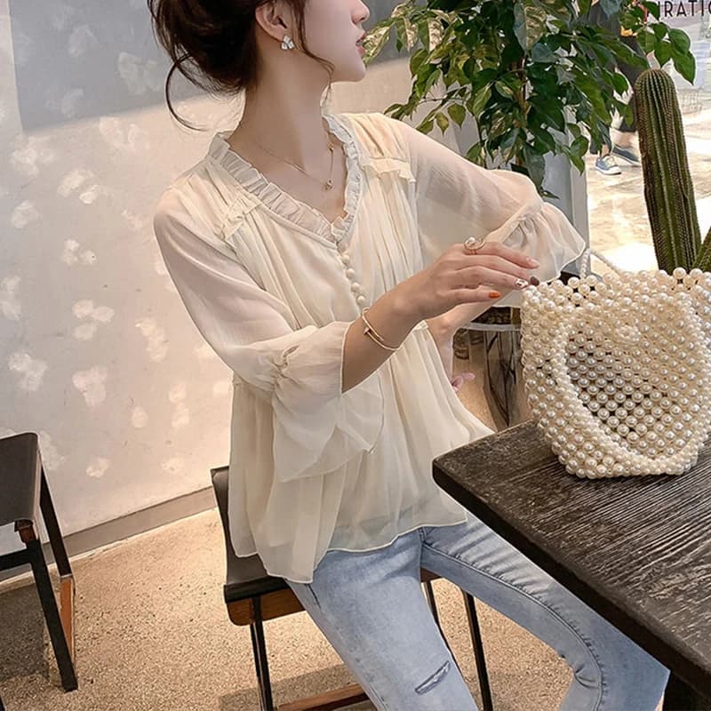 Camicetta Estiva Chic da Donna a Maniche Corte in Chiffon con Orlo in Pizzo Floreale, Stile Coreano, Scollo a V, Maniche a Campana, che Nasconde la Pancia