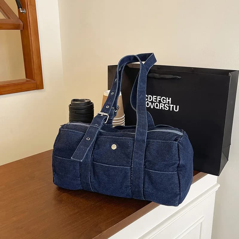 Borse a Tracolla in Denim Casual Giapponesi per Donne, Borsa da Viaggio Semplice e Capiente, Design con Cuciture Visibili, Borse a Mano Femminili a Forma di Cuscino