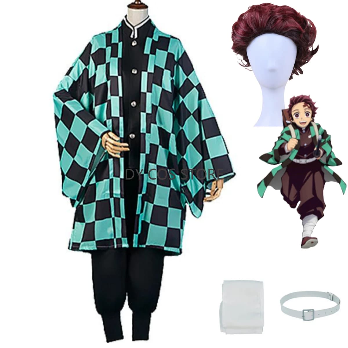 Anime Kamado Tanjirou Costume Cosplay Kimono Mantello Cappotto Accappatoio Pratica Uniforme Parrucca Uomo Donna Halloween Natale Vestito