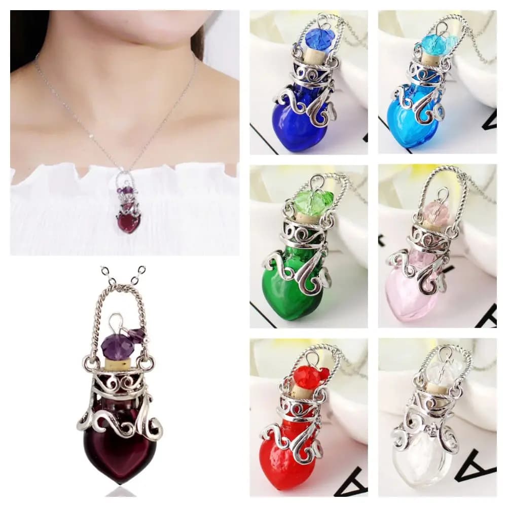 Multicolor Perfume Vial Necklace Heart Shape Glass Vial Wishing Bottle Pendant Openable Essential Oil Diffuser