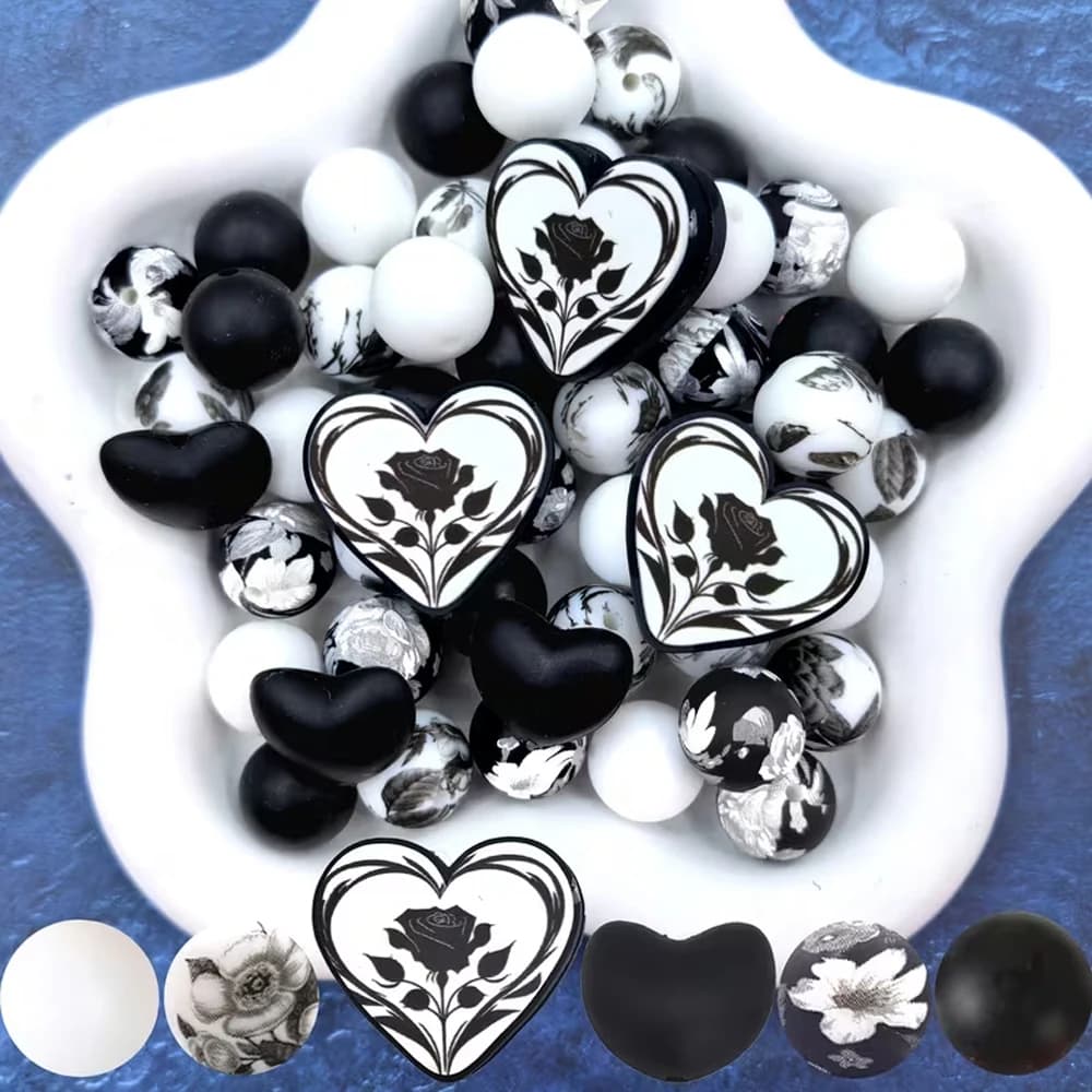 25/28 pezzi set di perline in silicone a forma di cuore bianco e nero, perfetto per portachiavi, collane, bracciali, ecc. fatti a mano fai-da-te