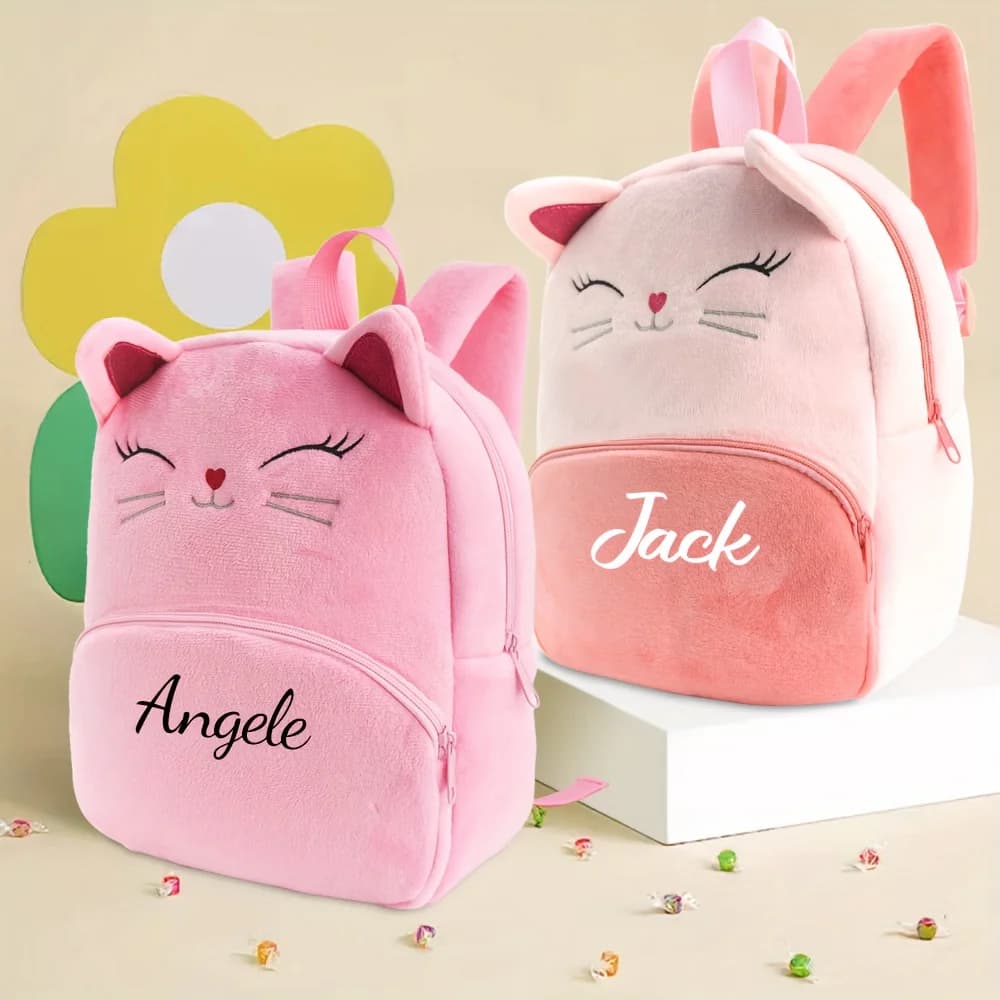 Zaino Rosa in Peluche con Nome Ricamato Personalizzato, Design Gatto Carino, Ideale per Scuola, Compleanni, Natale e Regali di Capodanno