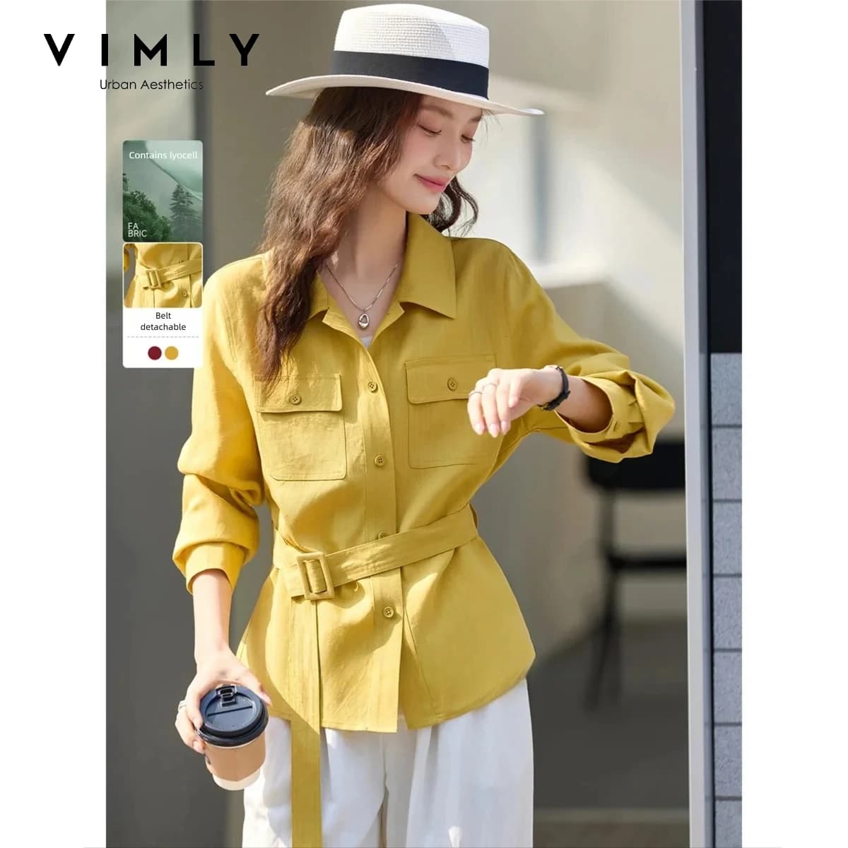 VIMLY Women's Old Money Shirt Jacket 2026 New Fashion Casual Turn-Down Collar Belted Waist Coat Elegant Office Lady Jacket A5192