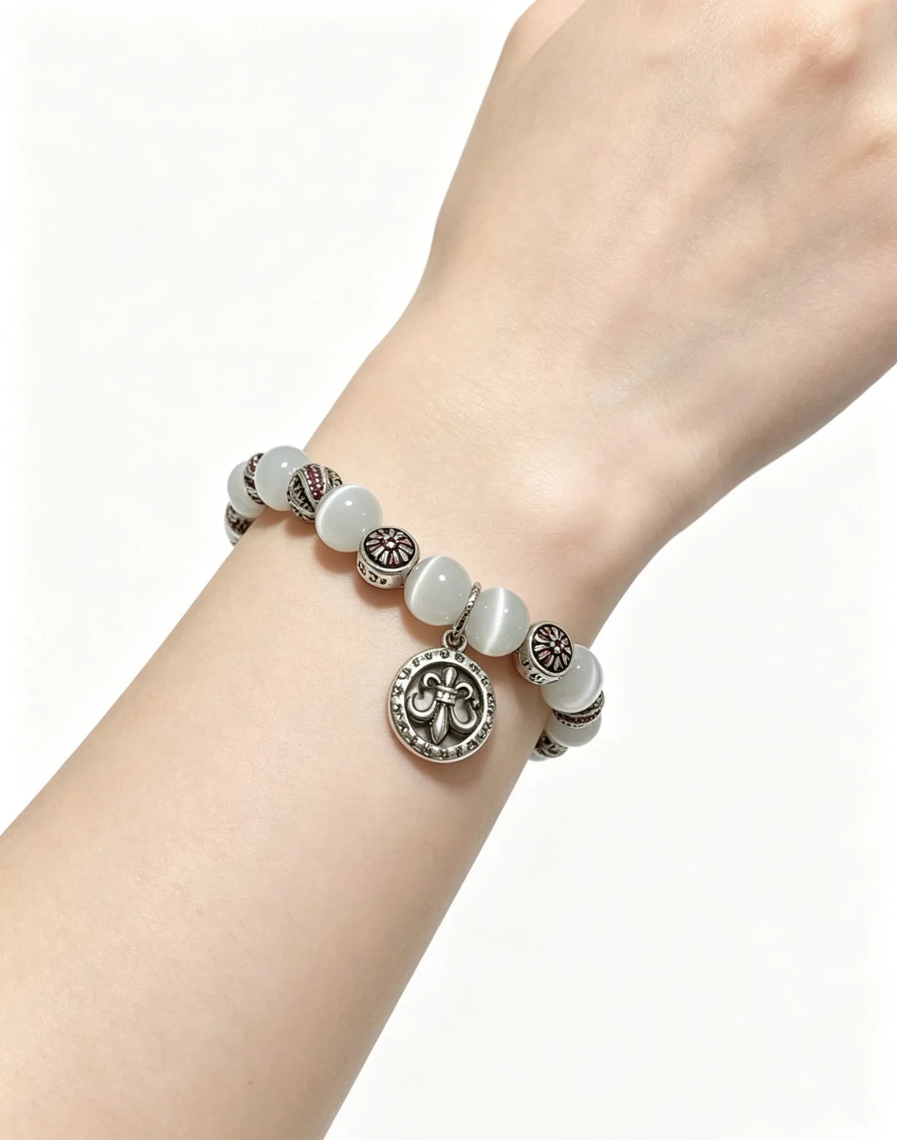 S925 sterling silver round brand hollow boat anchor retro old light luxury CH pendant white opal couple bracelet