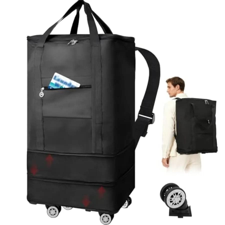 Oxford 900D Fabric Wheel Backpack, Foldable Travel Bag with Wheels and Stackable Straps, Waterproof