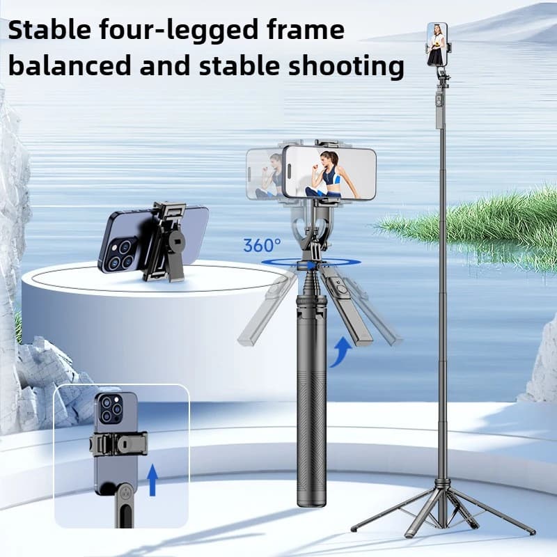C19 Selfie Stick a 4 gambe 1,8 m 8 sezioni Allungabile Panoramico Treppiede a 4 gambe Bastone selfie pieghevole per lo streaming e lo vlogging