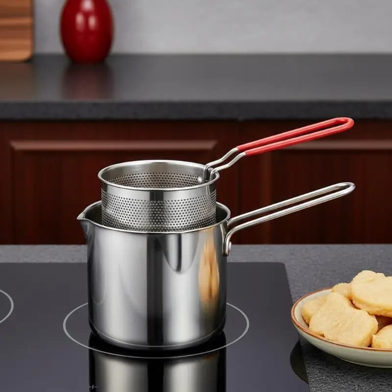 Padella con filtro e clip, pentola universale per frittura profonda in acciaio inox 304 con colino, pentola da cucina salvaspazio con rete per friggere