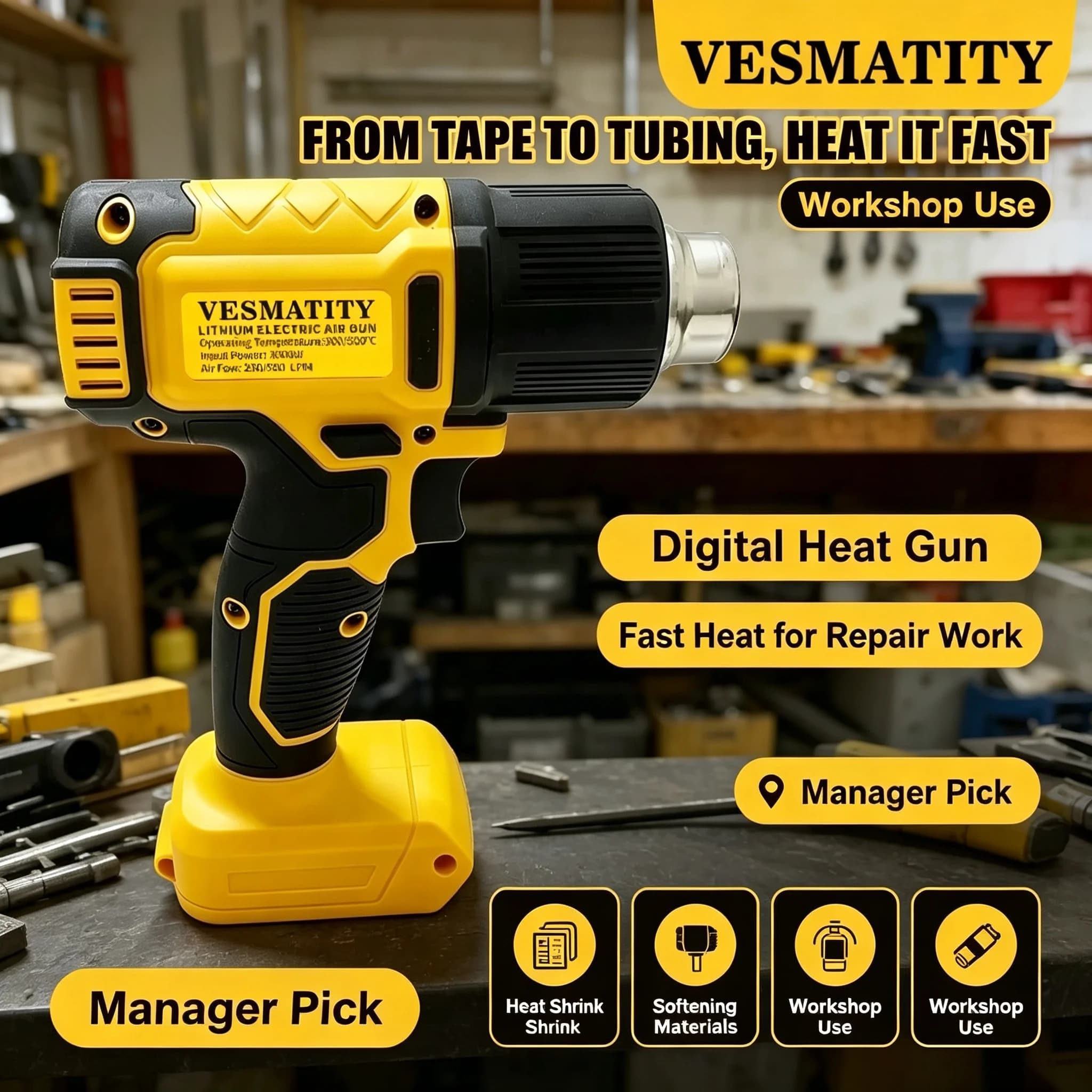 Cordless Heat Gun 300W 60-540℃ Fast Heating Hot Air Gun Variable Temperature Control DIY Craft for 20V Battery Pro Heavy Duty