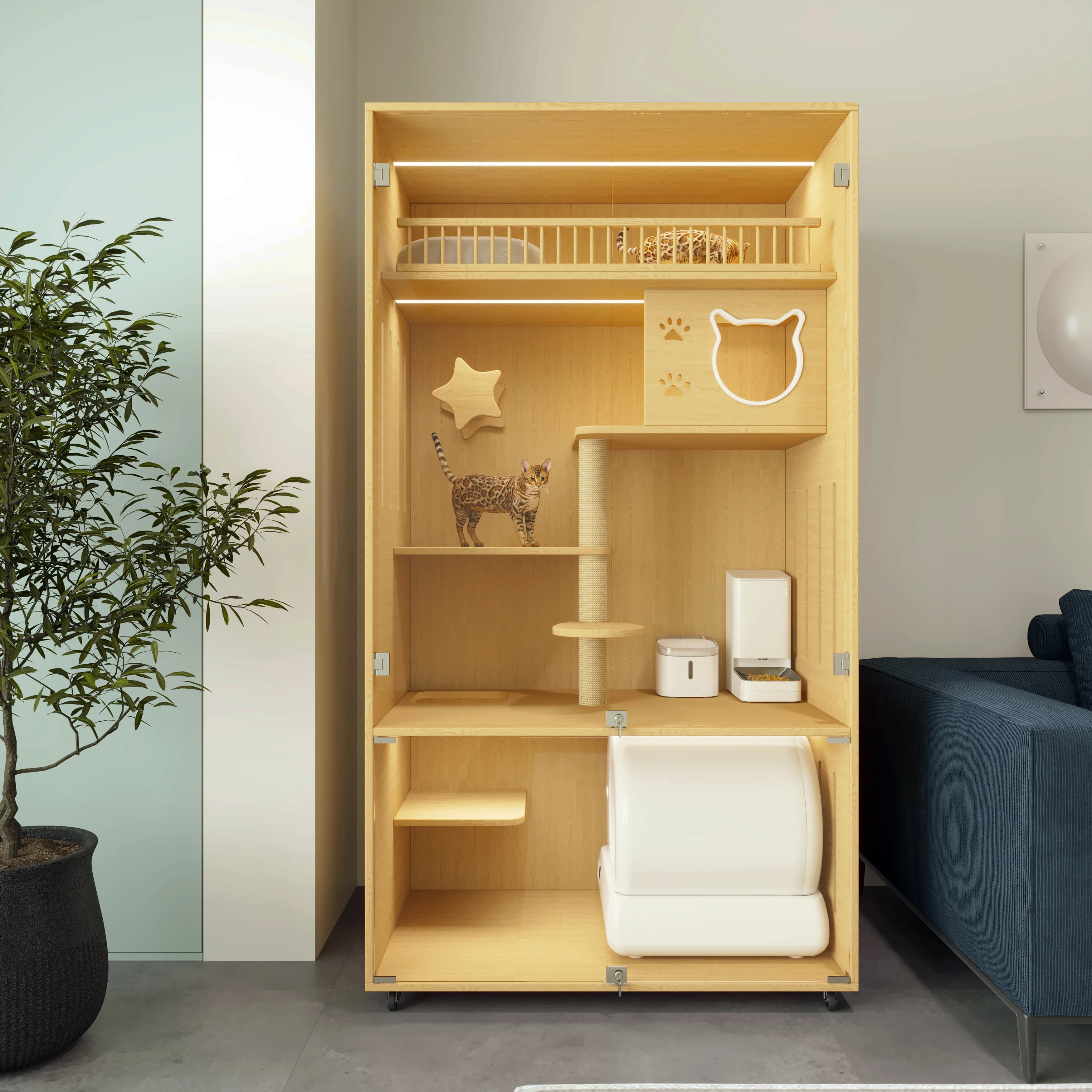 Modern Large Cat Tree Villa House with Enclosure, Indoor Outdoor Cat Cage Furniture for Pet Hotel, Kennel, Breeding & Home Use