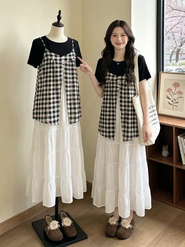 Summer Large Size Women's Plaid Skirt Dress Korean Style Fake Two-Piece Set Pear Shape A-Line Midi Dress Casual Commute