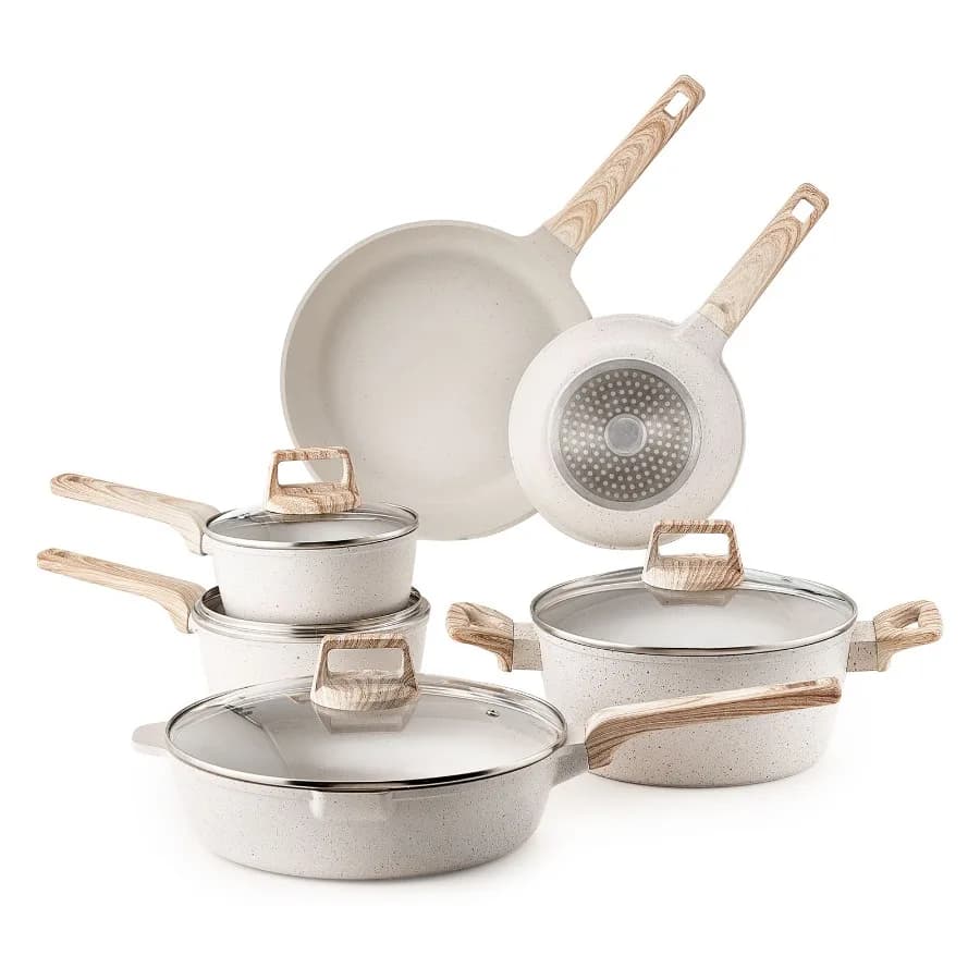 Set di Pentole Antiaderenti in Granito da 17 Pezzi per Cucina e Camper, Bianco, Compatibile con Induzione, Pentole e Padelle con Padella per Salse e Saltarelli