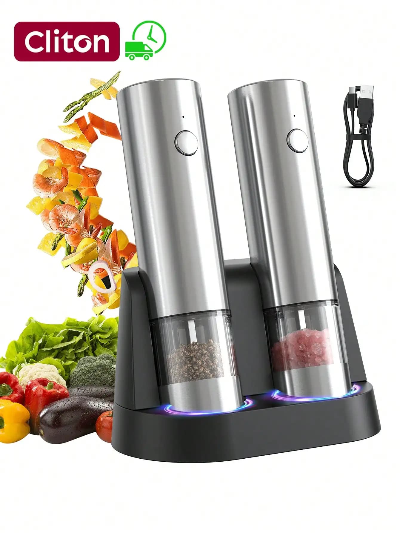 CLITON Electric Salt And Pepper Grinder Set Stainless Steel Spice Grinder Automatic Pepper Mills With Easy-To-Carry Dual Chargin