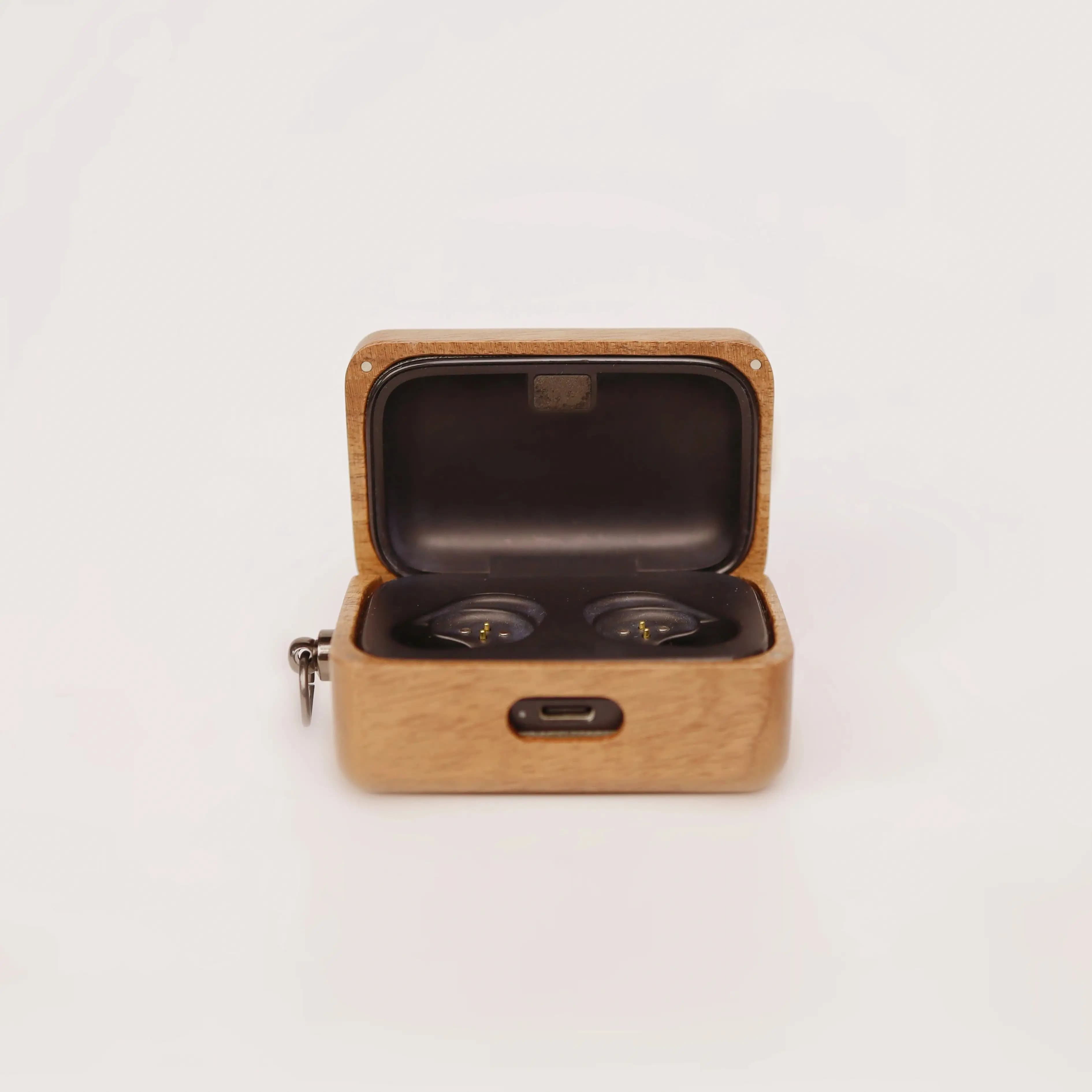 Walnut Solid Wood Case for Sennheiser MOMENTUM True Wireless 3 / 4 – Hand-Carved Protective Cover With Free Metal Hook