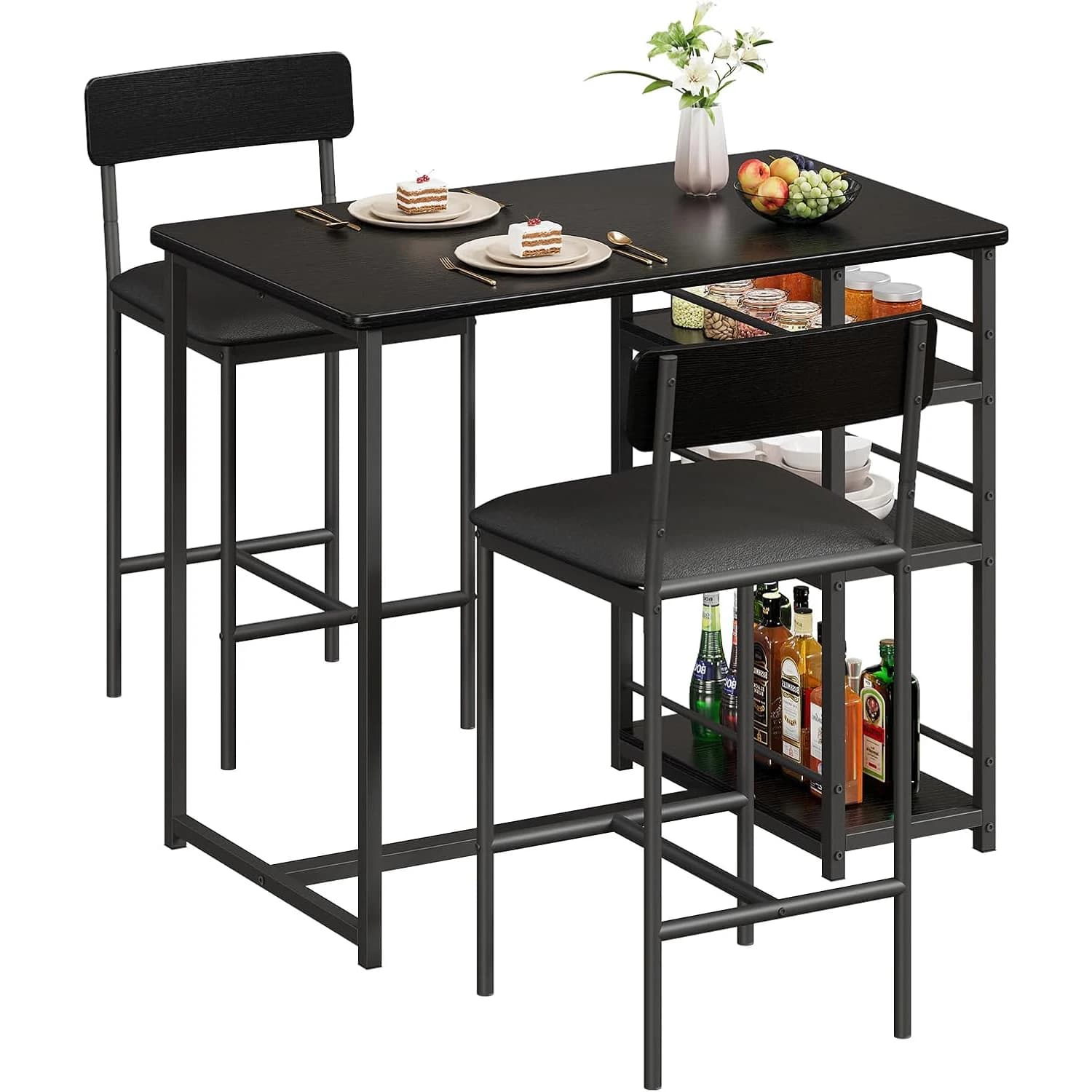 Set dining table for kitchen table 2,3 pieces with chairs with PU cushion for dining room, small apartment, vintage, black