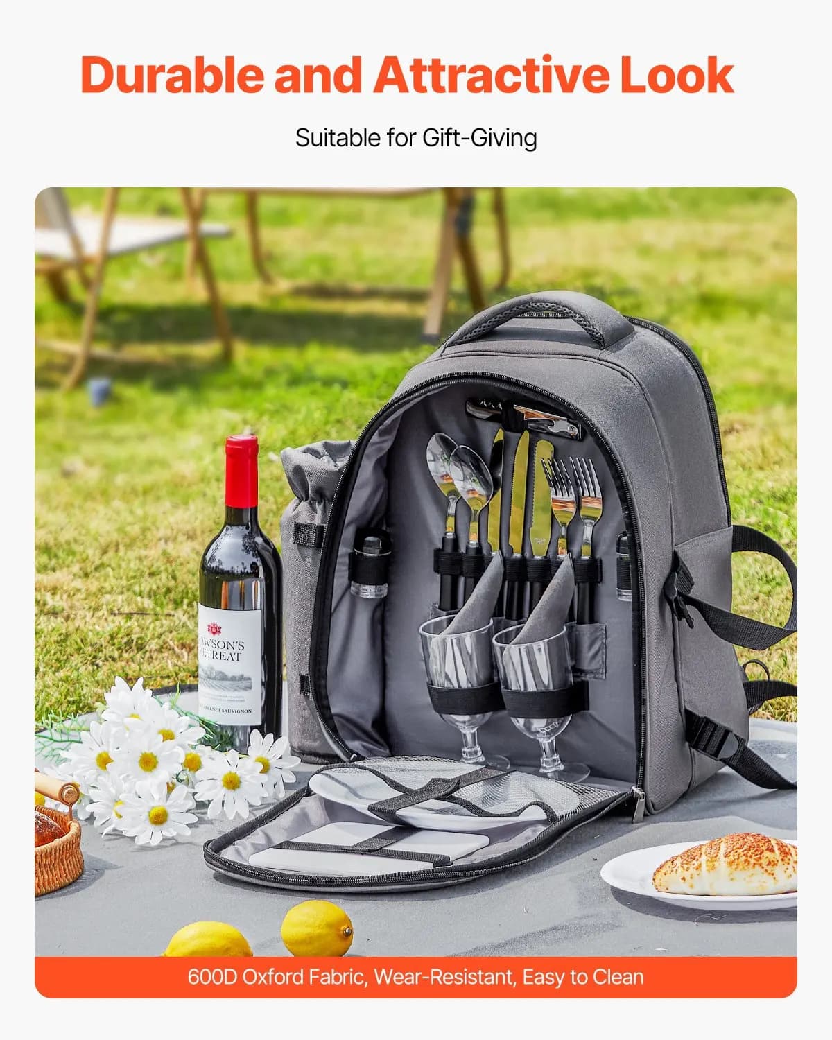 Zaino da picnic, borsa da picnic da spiaggia per 2 persone con scomparto termico isolato, porta bottiglie/vino rimovibile, leggero