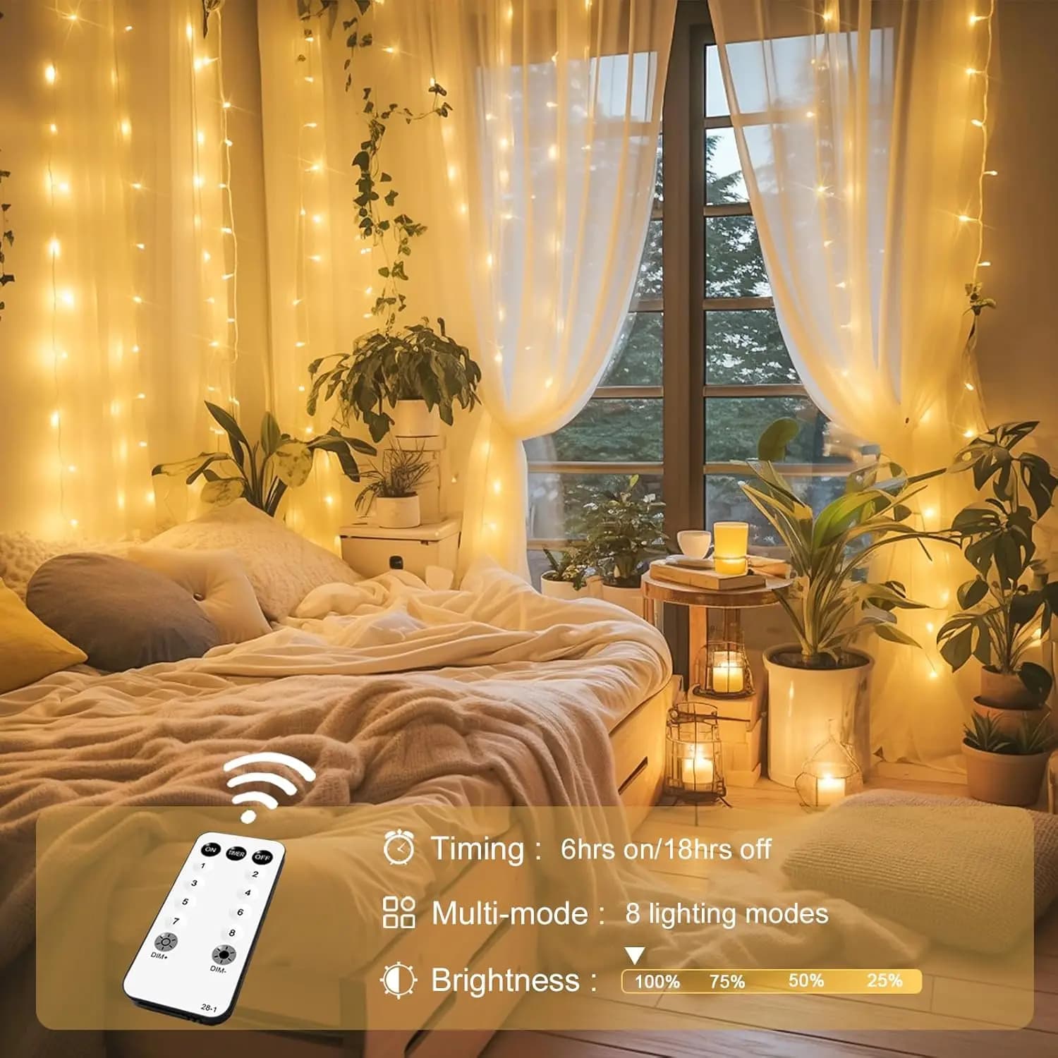300 luci per tende natalizie con telecomando a LED, fata plug-in, stringa bianca calda per la decorazione della festa nuziale della camera da letto della parete della finestra