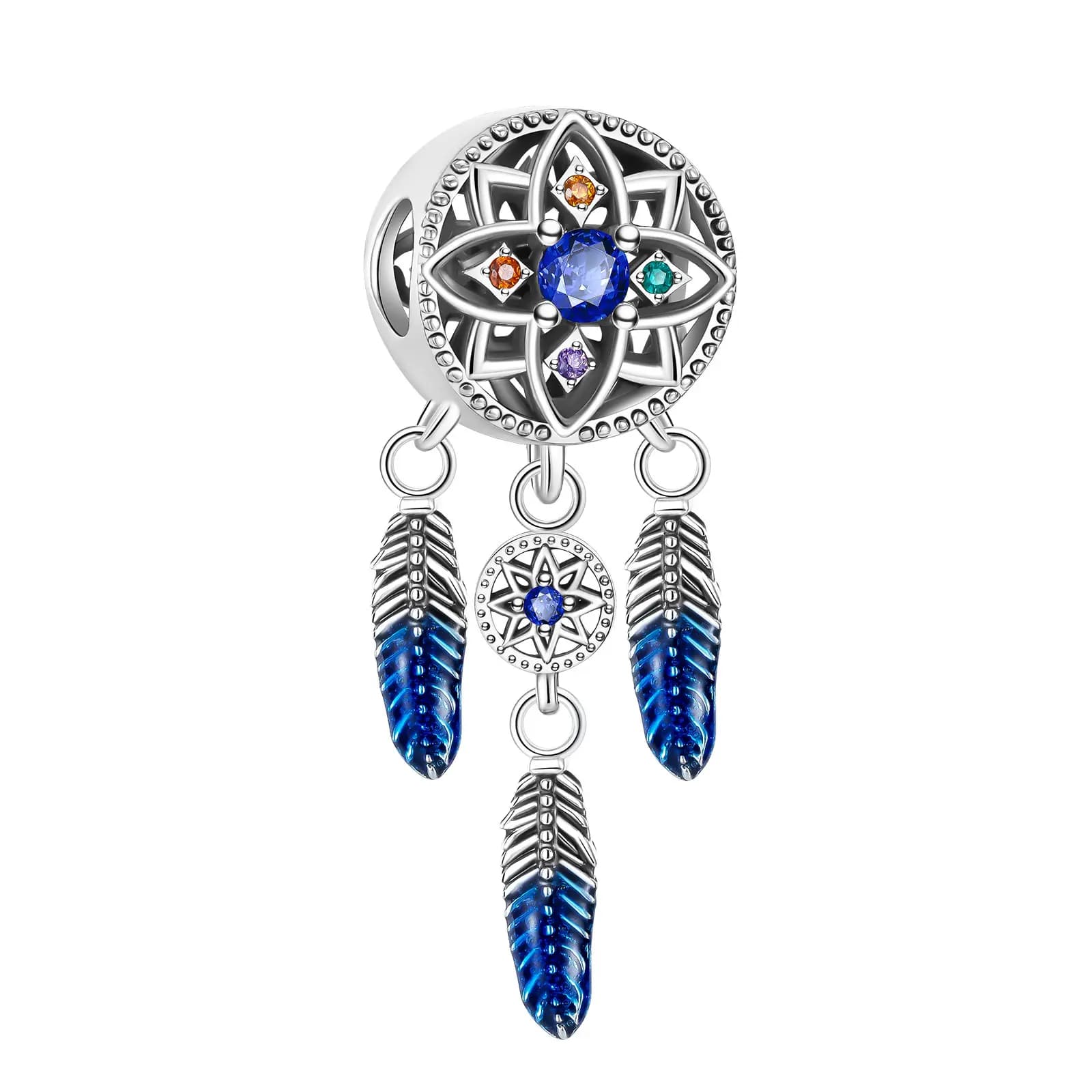 925 Sterling Silver Dream Catcher Blue Feather Charm Fit Original Charms Bracelets Women DIY Jewelry Gift
