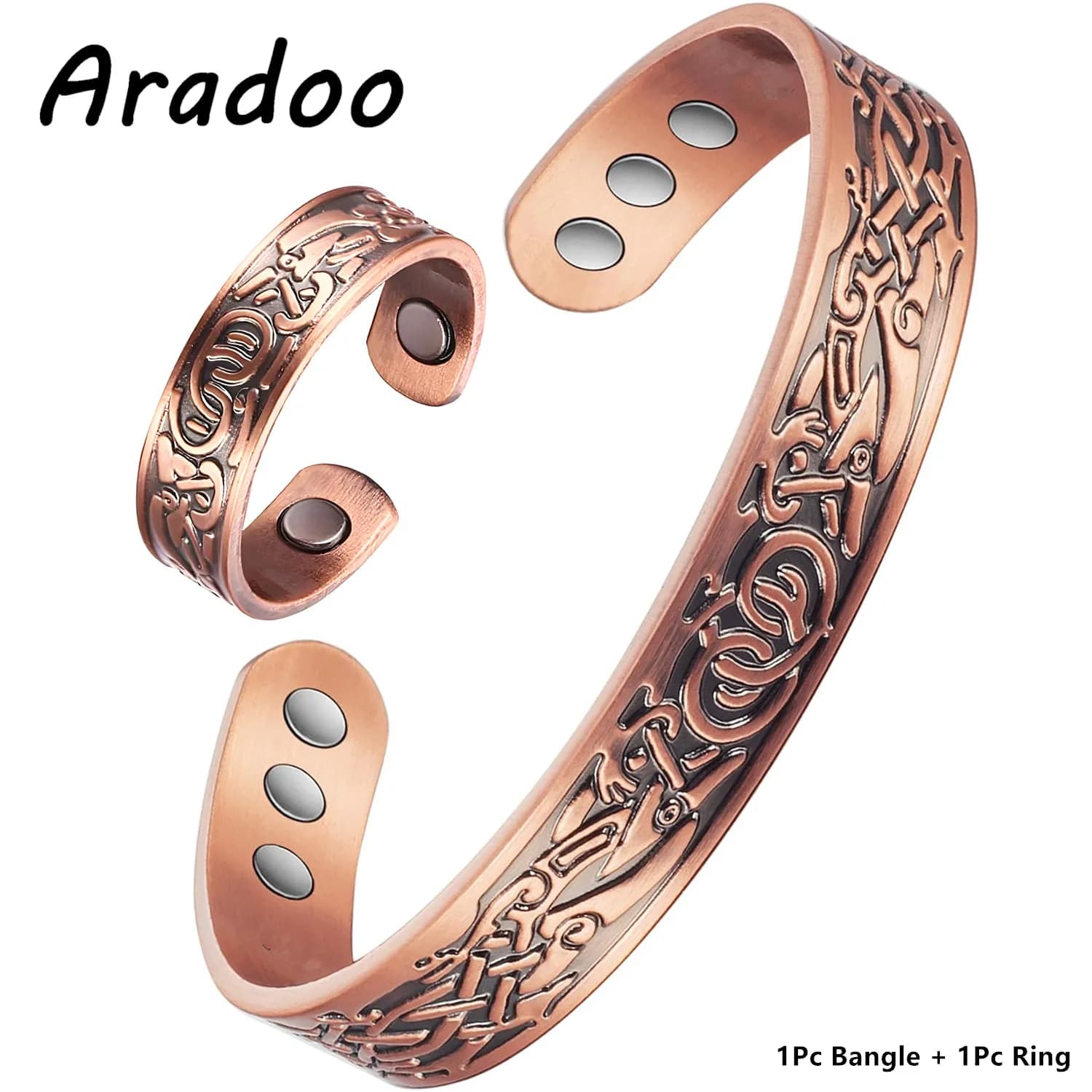 ARADOO Premium Copper Bracelet Ring Jewelry Set for Men Women Magnetic Therapy Cuff Bangle